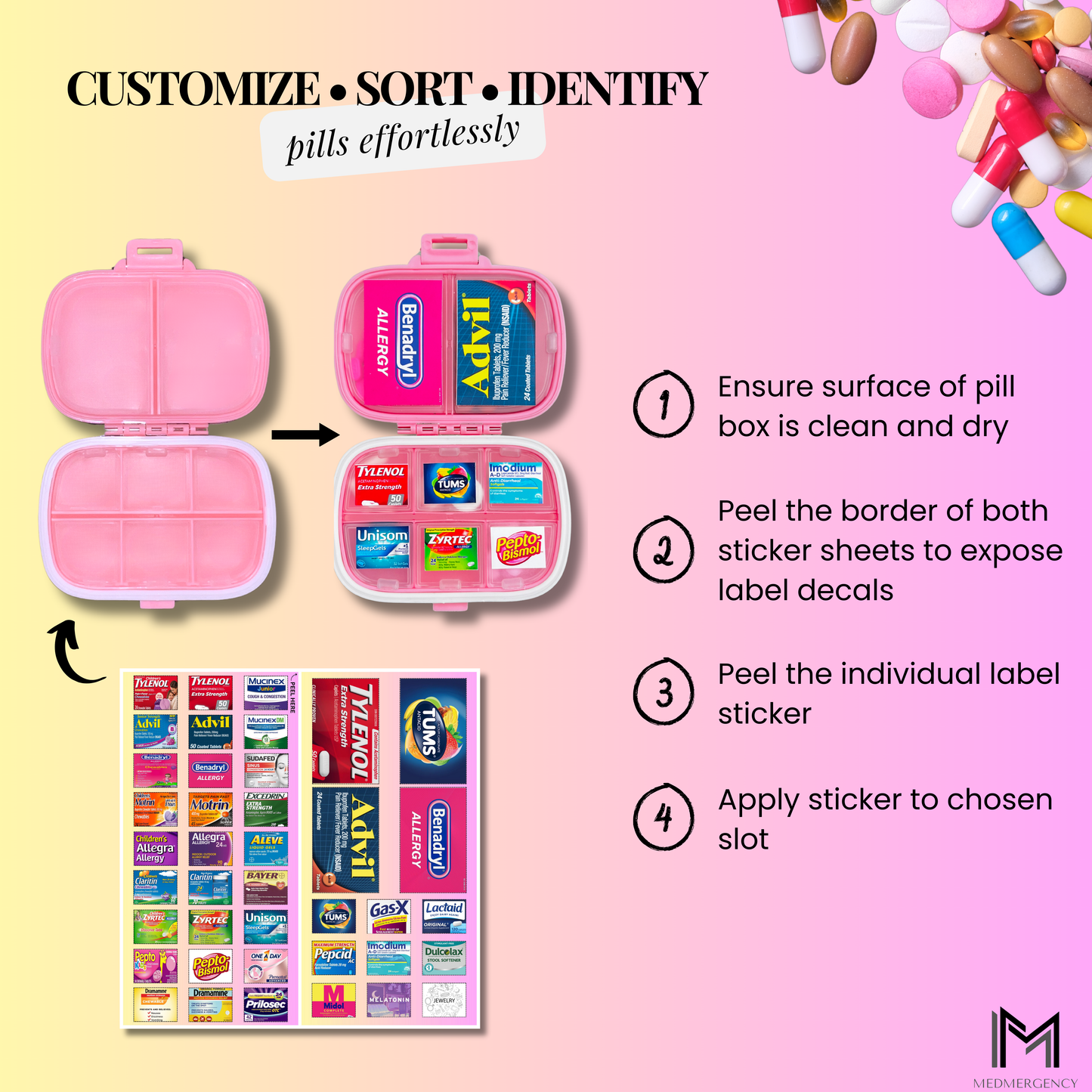 SPRINGSALE | MedMate Mini 9 Pill Organizer with Medicine Label Sticker Sheets | Travel Pill Box | Medicine Storage Container Case