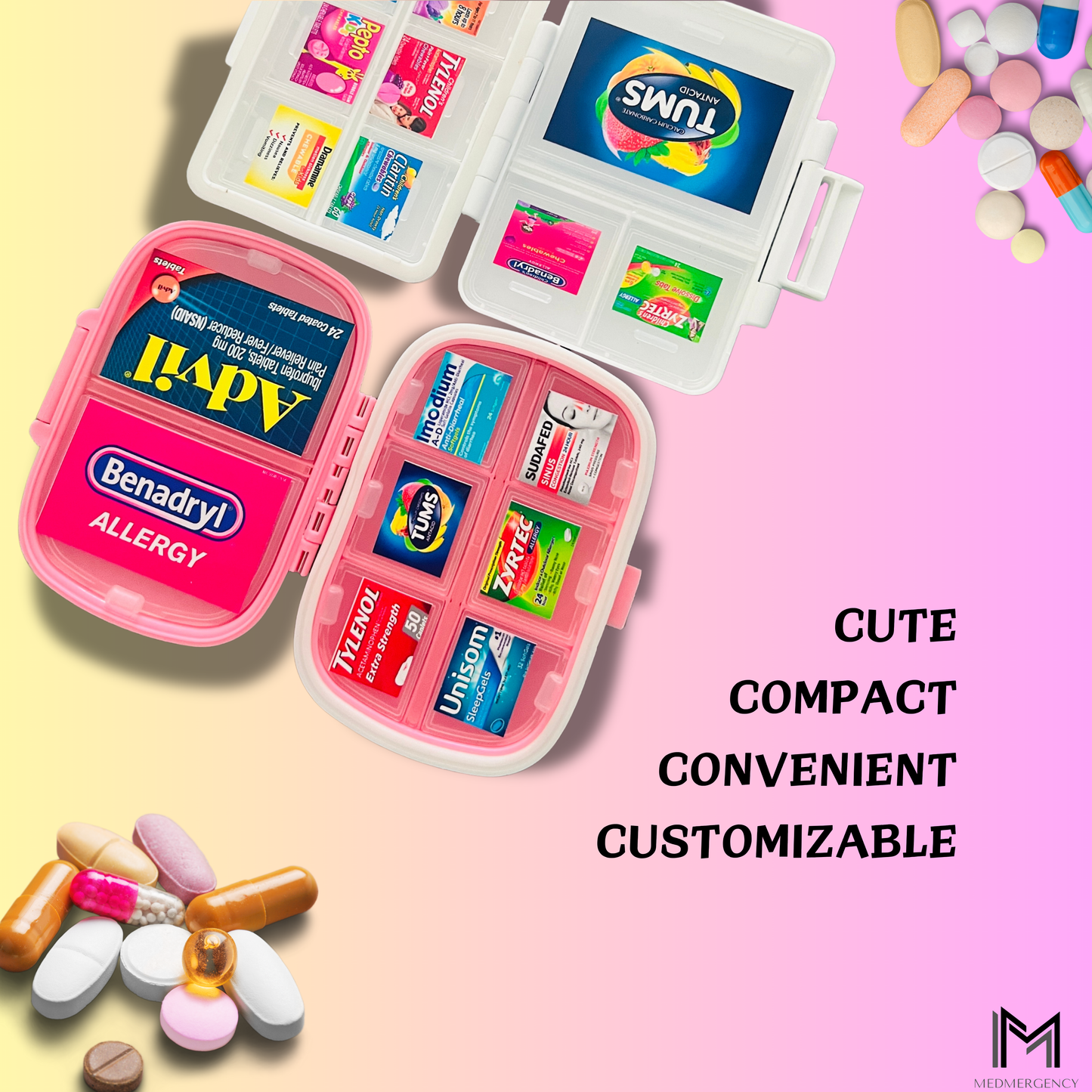 SPRINGSALE | MedMate Mini 9 Pill Organizer with Medicine Label Sticker Sheets | Travel Pill Box | Medicine Storage Container Case