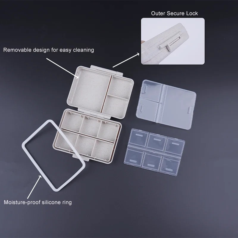 SPRINGSALE | MedMate Mini 9 Pill Organizer with Medicine Label Sticker Sheets | Travel Pill Box | Medicine Storage Container Case