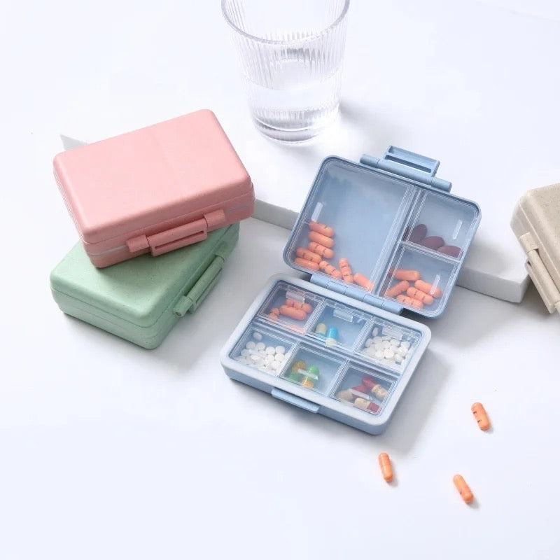SPRINGSALE | MedMate Mini 9 Pill Organizer with Medicine Label Sticker Sheets | Travel Pill Box | Medicine Storage Container Case