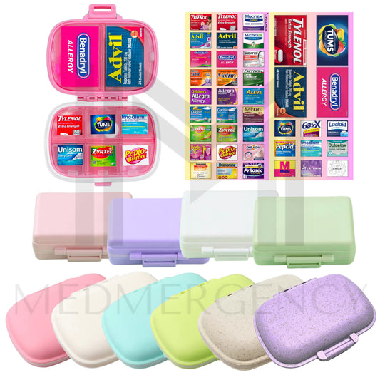 Mini 8 Pill Organizer with Medicine Label Sticker Sheets | Travel Pill Box | Medicine Storage Container Case