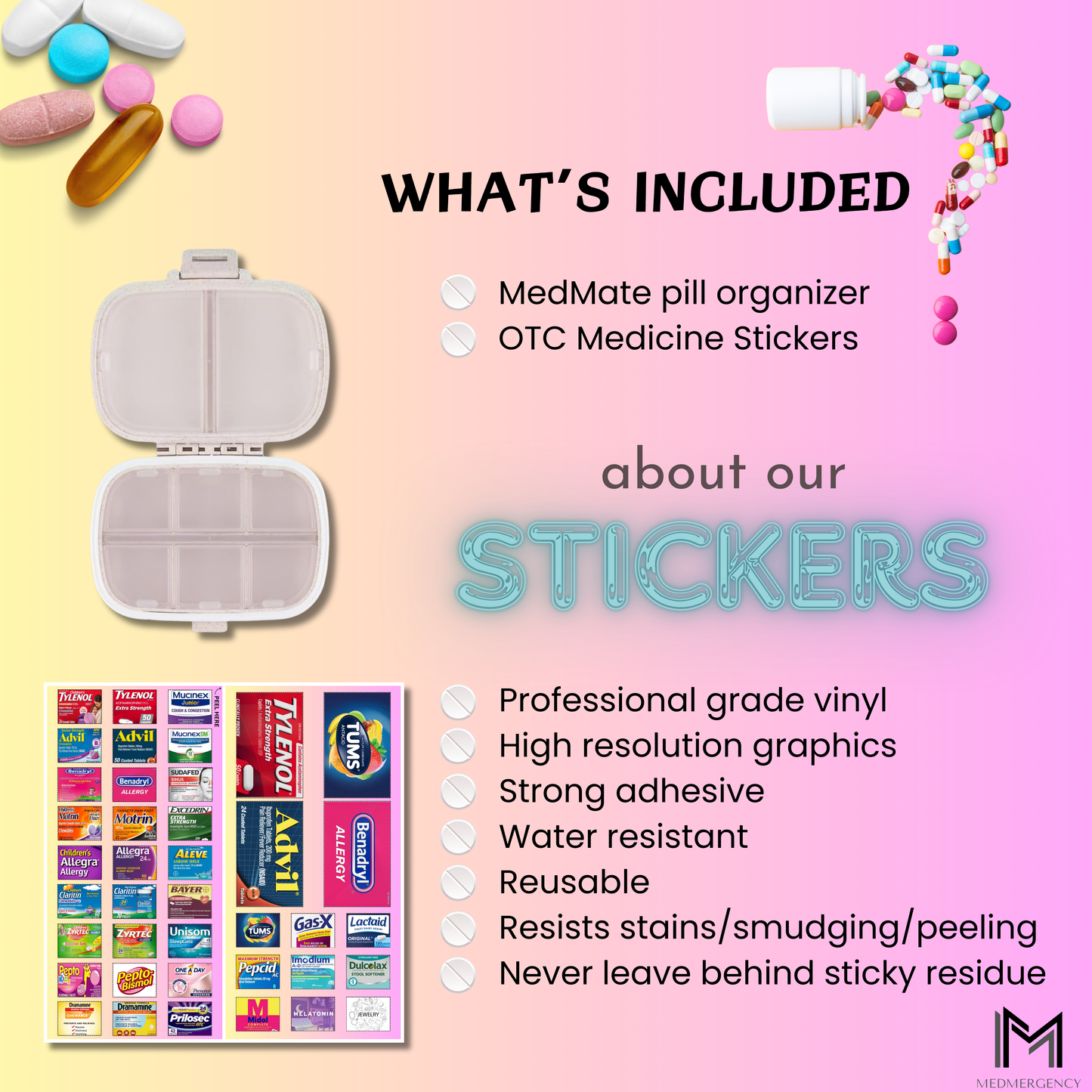 MedMate Mini 8 Pill Organizer with Medicine Label Sticker Sheets | Travel Pill Box | Medicine Storage Container Case