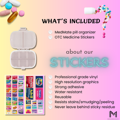 MedMate Mini 8 Pill Organizer with Medicine Label Sticker Sheets | Travel Pill Box | Medicine Storage Container Case