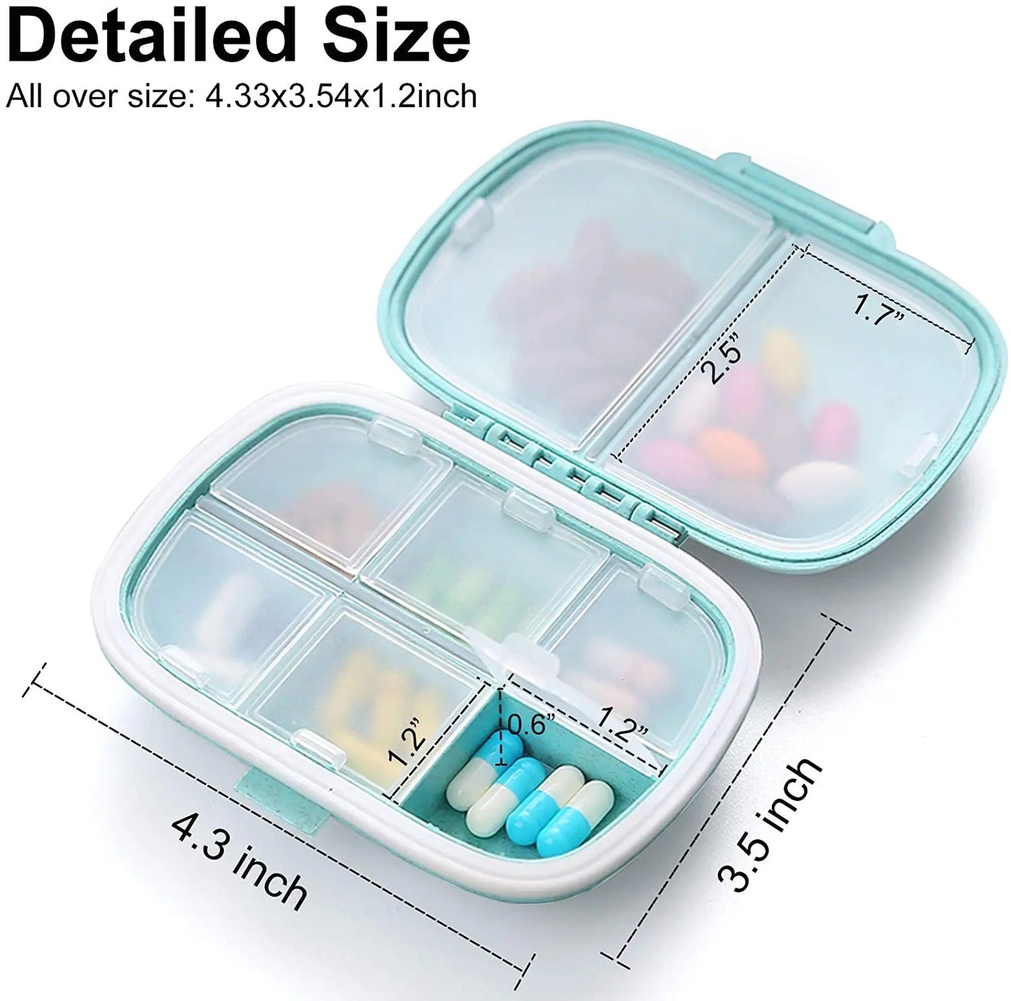 MedMate Mini 8 Pill Organizer with Medicine Label Sticker Sheets | Travel Pill Box | Medicine Storage Container Case