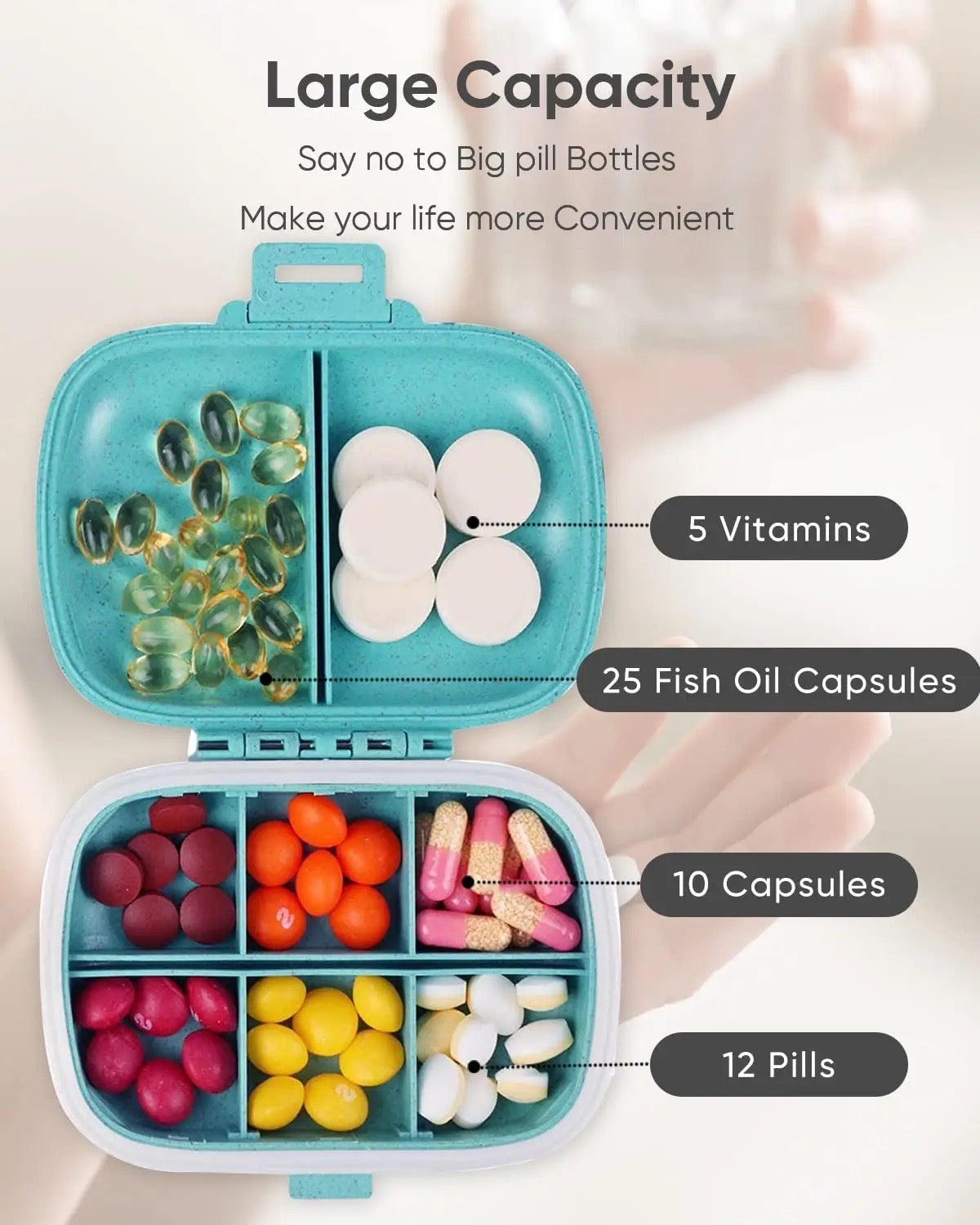 Mini 8 Pill Organizer with Medicine Label Sticker Sheets | Travel Pill Box  | Medicine Storage Container Case