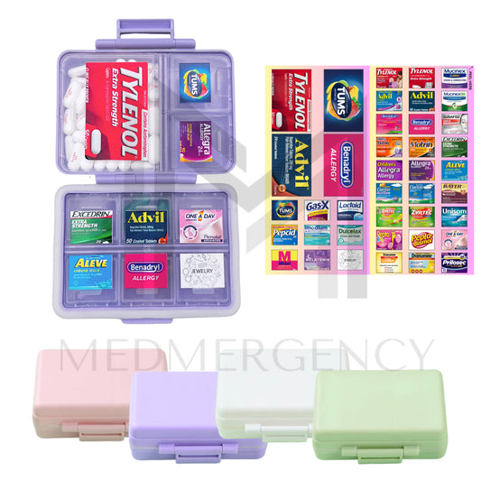 Mini 9 Pill Organizer with Medicine Label Sticker Sheets | Travel Pill Box | Medicine Storage Container Case